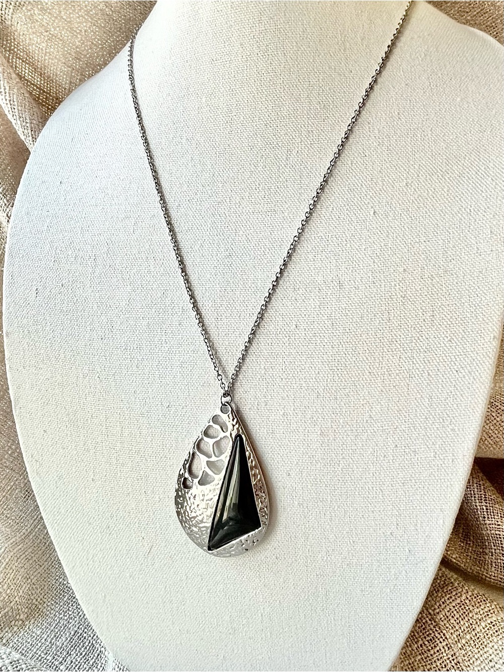 Silver Teardrop Necklace with Black Inlay Pendant